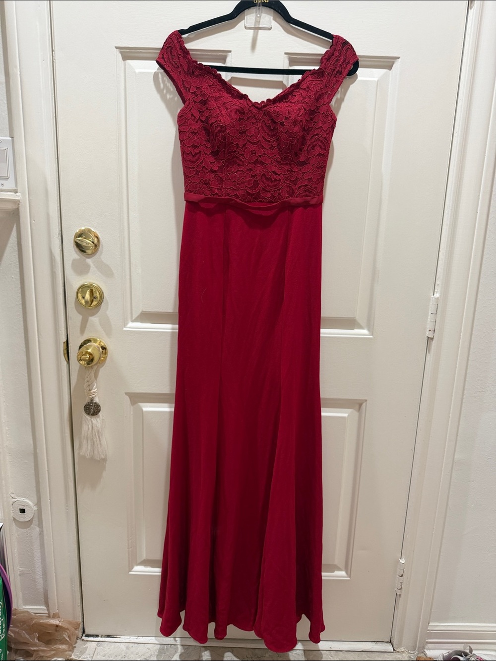 David's Bridal Red Lace Bodice Maxi Gown